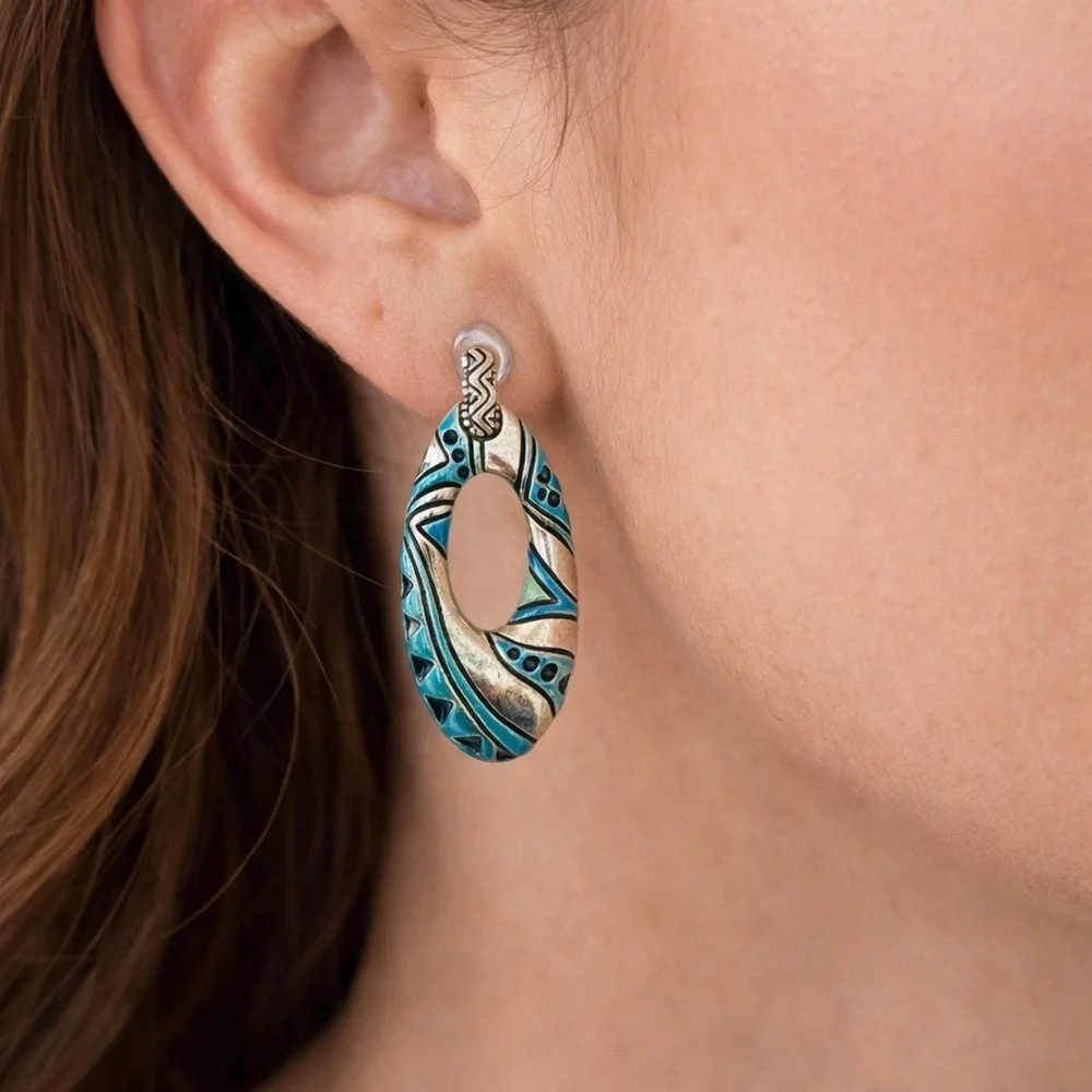 Southwestern Enamel Oval Drop Earrings Silver Tone Tribal Design Artisan Jewelry